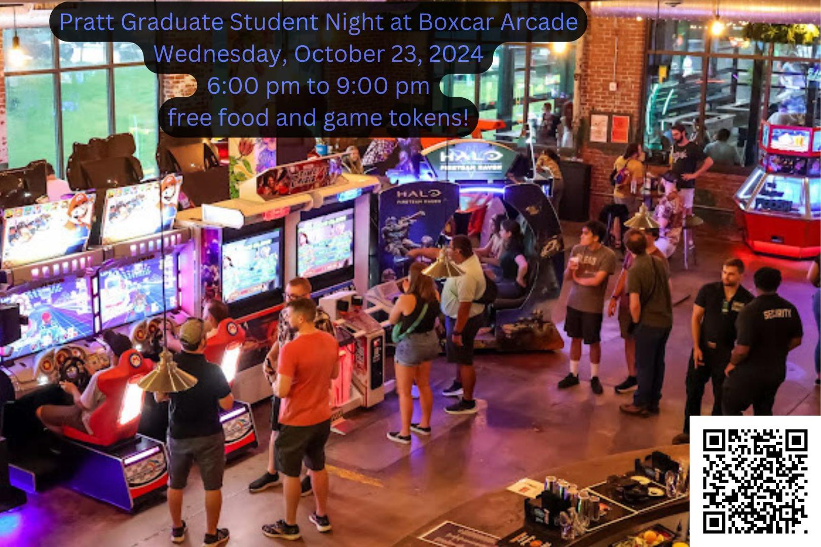 flyer for Pratt grad student night at Boxcar, complete with QR code for registration